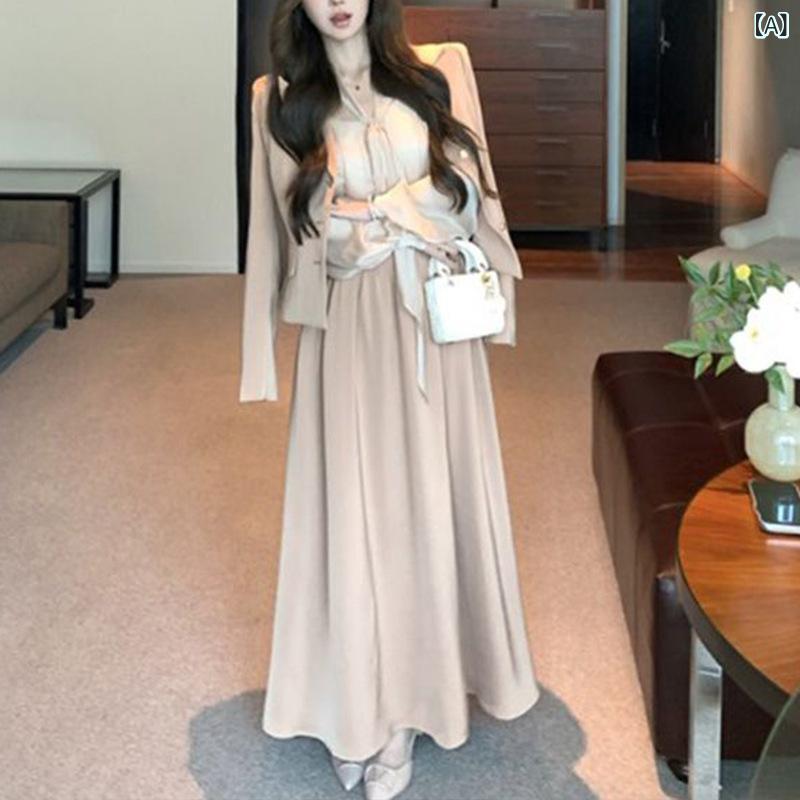 スカートセットアップ レディース エレガント 上品 ボウタイブラウス テーラードジャケット Aライン フ..