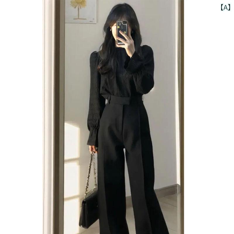 セットアップ レディース 秋冬 ブラック 長袖 シャツ スラックス ポリエステル素材 高級感 クール カジュアル ツーピース きれいめ 韓国ファッション