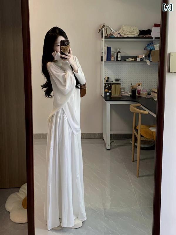 セットアップ レディース 女性用 秋 秋冬 ホワイト ゆったり ルーズ ドルマンスリーブ ニットトップス セーター アシンメトリー 変形袖 ハイウエスト ロングスカート マキシ丈 フレアスカート ポリエステル カジュアル きれいめ