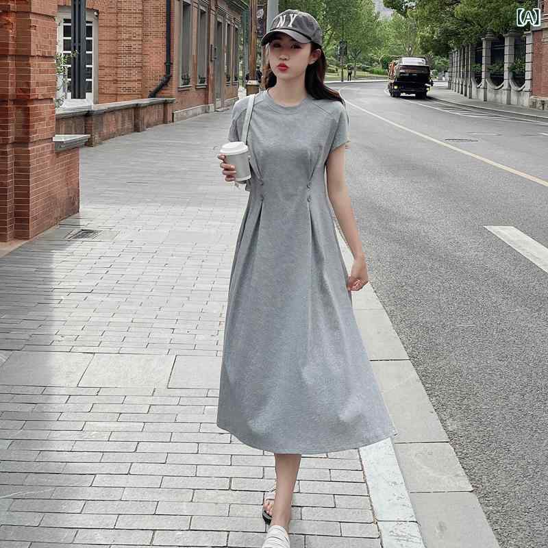 ワンピース レディース 女性用 グレー フレンチデザイン スウェット素材 ミドル丈ドレス 上品 エレガン..