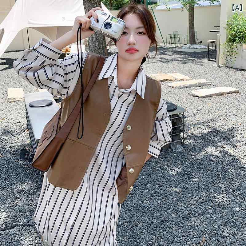 セットアップ レディース 縦ストライプ ポロ襟 シャツワンピース ベスト 2点セット 秋冬 ゆったり 体型..