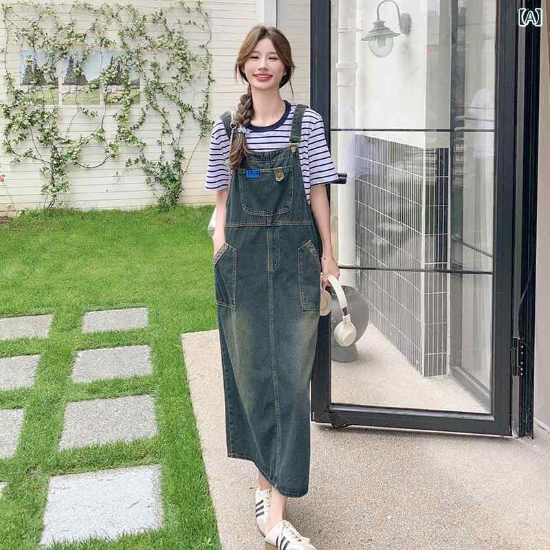 サロペット レディース デニム ロングスカート 春夏 オーバーオール アメリカン レトロ ワークスタイル カジュアル ゆったり 体型カバー 若見え 無地 ポケット付き 切り替え ポリエステル かわいい セットアップ ブルー 普段使い
