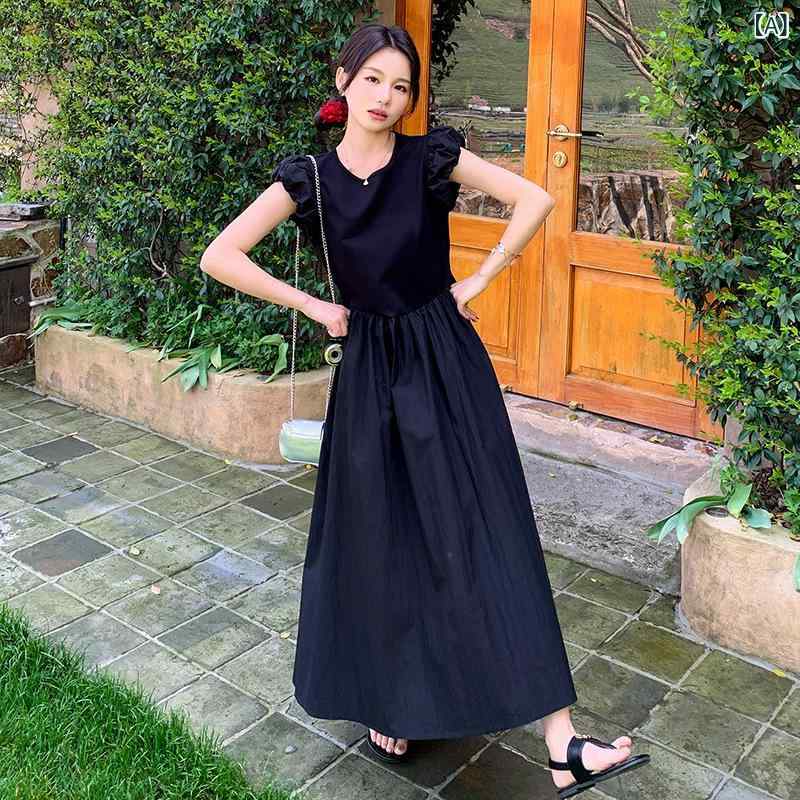 ワンピース レディース ブラック ニット 切り替え ミディ丈 Aライン ハイウエスト 丸首 半袖 エレガント 上品 スリム 細見え きれいめ 通勤 オフィス 普段使い 春夏