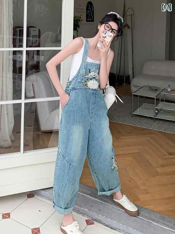 オーバーオール レディース デニム サロペット 新チャイナ風 エスニック かわいい 甘辛ミックス ゆったり ストレート ワイドパンツ ハイウエスト コットン 春夏 カジュアル 普段使い リラックス 体型カバー クロップド丈