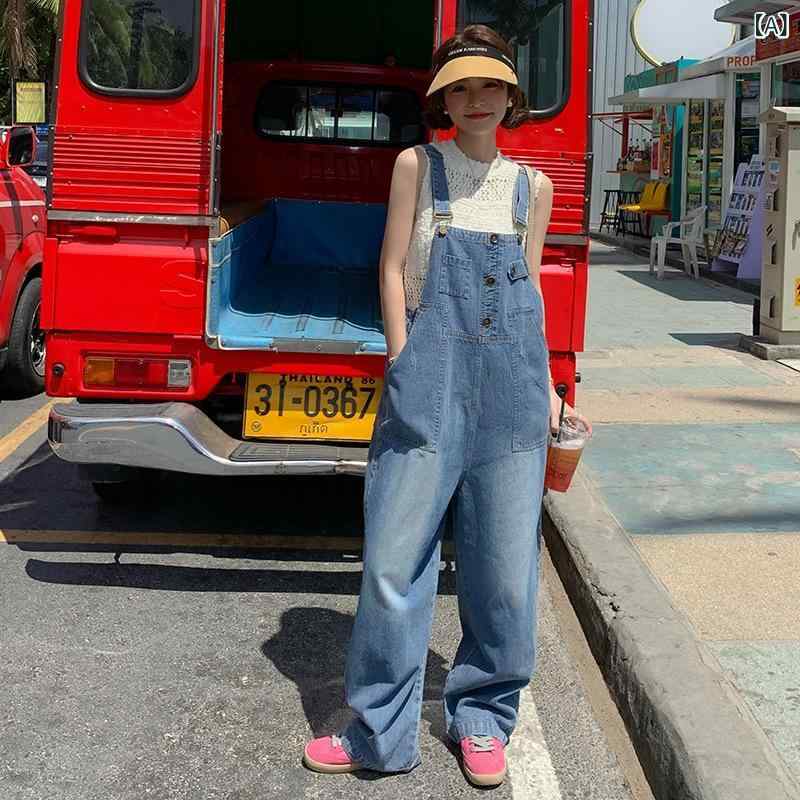 サロペット レディース デニム オーバーオール ゆったり ストレートワイドパンツ 綿素材 個性的 デザイン スクール風 きれいめカジュアル 着回し 若見え 春秋 デニムブルー