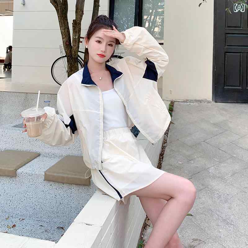 セットアップ レディース アイボリー UVカットウェア ショートスカート ツーピース 低身長向け きれいめカジュアル スポーティ 紫外線対策 日焼け防止 春夏 ポリエステル 普段使い お出かけ