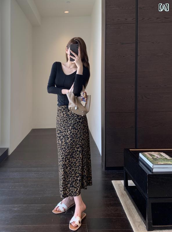 スカート レディース ハイウエスト Aライン マーメイド ヒョウ柄 タイトシルエット 着痩せ 脚長効果 スタイルアップ ミディ丈 ミモレ丈..