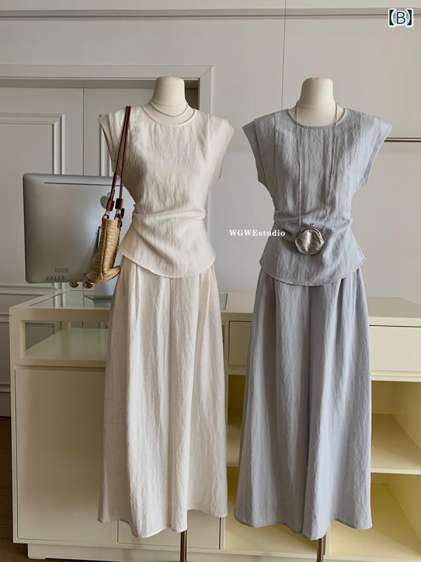 セットアップ レディース リネン ワイドパンツ トップス 上下セット ウエストマーク プリーツ 長袖 春夏 通勤 オフィス きれいめ カジュアル 涼しい 快適