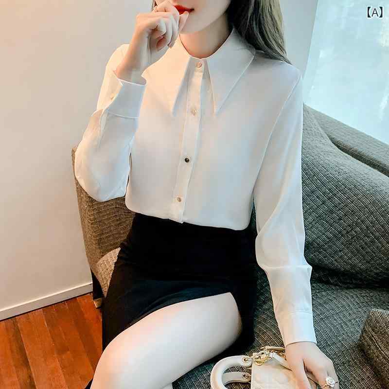 ブラウス レディース 女性用 春夏 長袖 シフォン サテン生地 シャツ襟 通勤 オフィス ビジネス フォーマル きれいめ エレガント 上品 ..