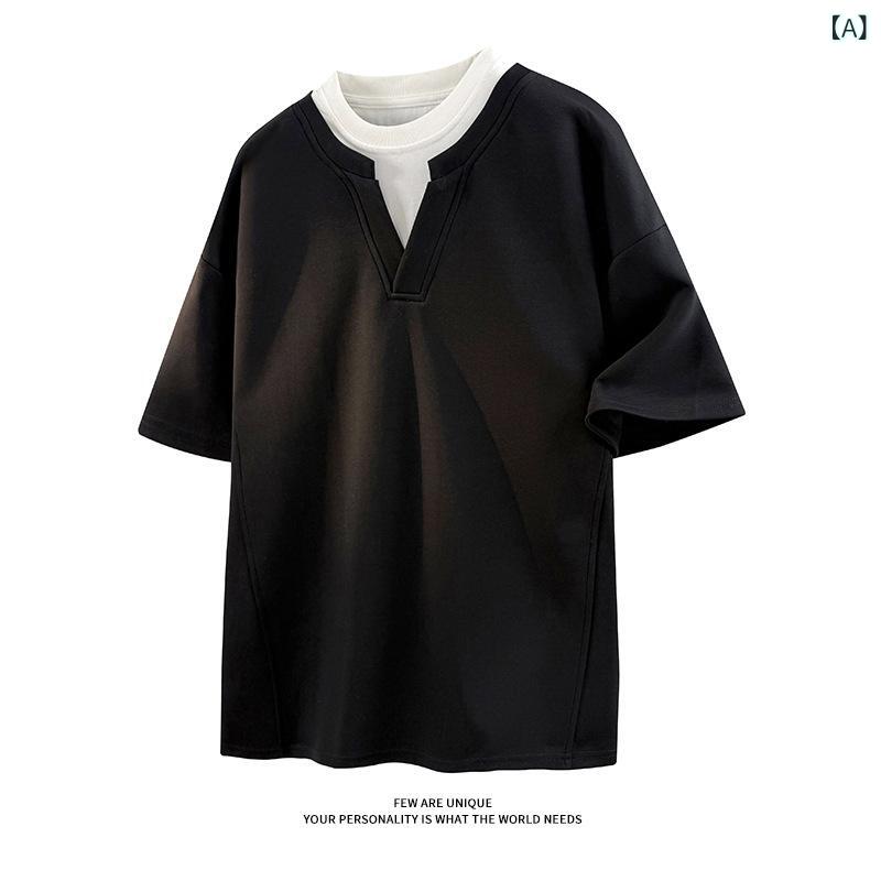 Tシャツ メンズ ユニセックス フェイクレイヤード 半袖 厚手 ヘビーウェイト クルーネック ゆったり ドロップショルダー トップス ストリートファッション ポリエステル 無地 普段使い カジュアル 通気速乾 黒 グレー 春夏