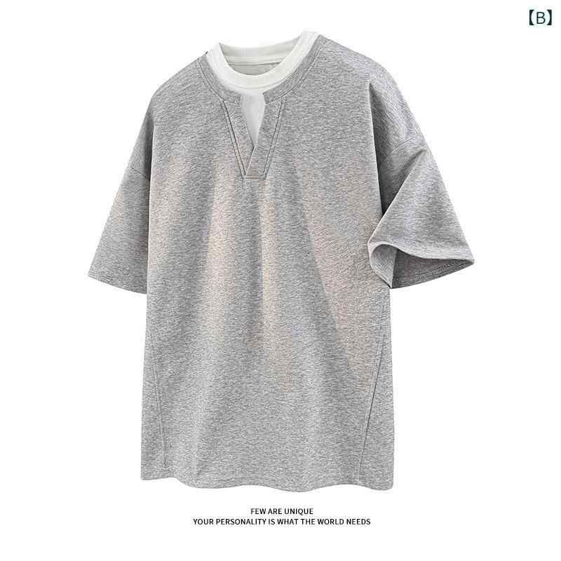 Tシャツ メンズ ユニセックス フェイクレイヤード 半袖 厚手 ヘビーウェイト クルーネック ゆったり ドロップショルダー トップス ストリートファッション ポリエステル 無地 普段使い カジュアル 通気速乾 黒 グレー 春夏