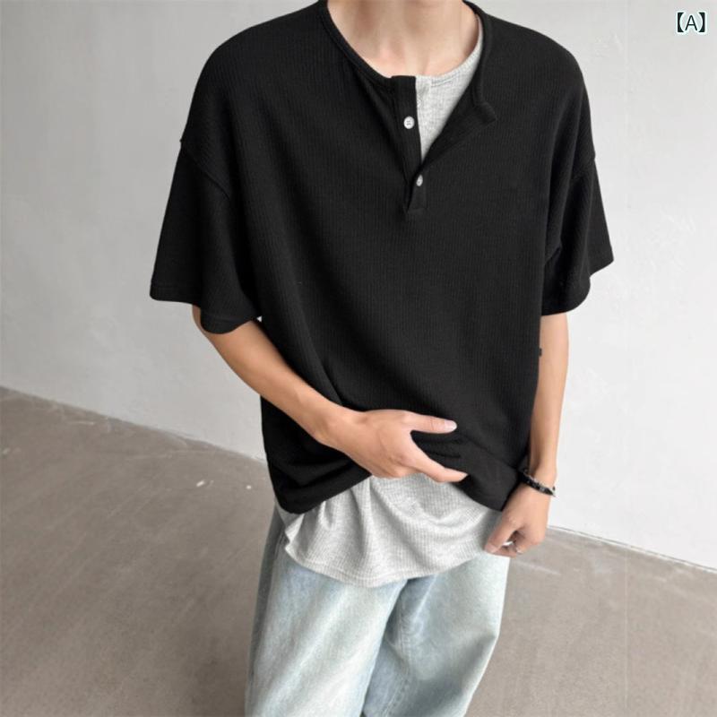 Tシャツ メンズ 男性 フェイクレイヤード 重ね着風 五分袖 半袖 ビッグシルエット ドロップショルダー ヘビーウェイト 厚手 クリーンフィット きれいめ 大人カジュアル 港風 ストリート アメカジ グレー ニット 春夏 トップス デイリーユース 普段使