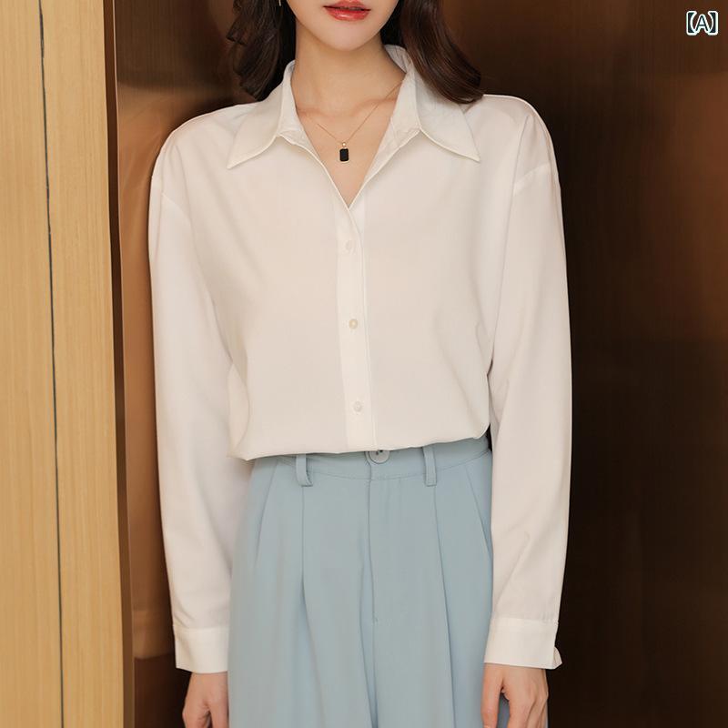 乐天商城 - シャツ レディース 女性用 サテン ブラウス 白 トップス 長袖 スリムフィット シャツ襟 デザイン 個性的 きれいめ 大人 上品 低身長向け シルクタッチ レトロ ドレープ感 混紡 通勤 オフィス ビジネス フォーマル