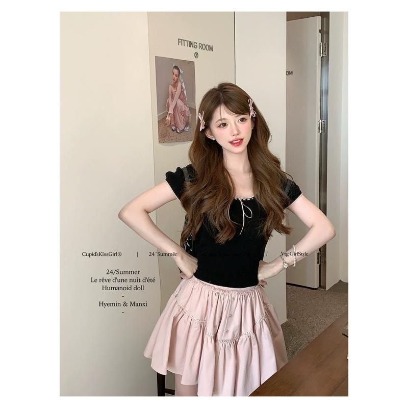 ニットトップス レディース 半袖 ポロ襟 パフスリーブ テンセル リヨセル 再生繊維 ポリエステル混 上品 エレガント きれいめ 大人かわいい フェミニン カジュアル オフィス 通勤 普段使い ブラック 夏