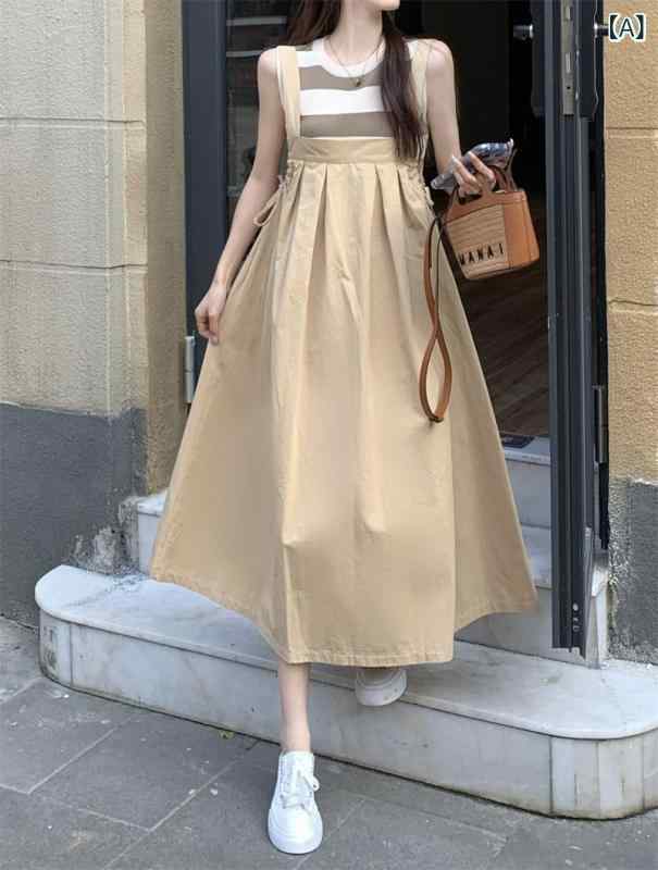 ジャンパースカート レディース レトロ 若見え エイジレス サロペットワンピース カーキ ベージュ プリーツ ゆったり ルーズ ビッグシルエット ミモレ丈 セットアップ ポリエステル カジュアル 韓国ファッション 春夏