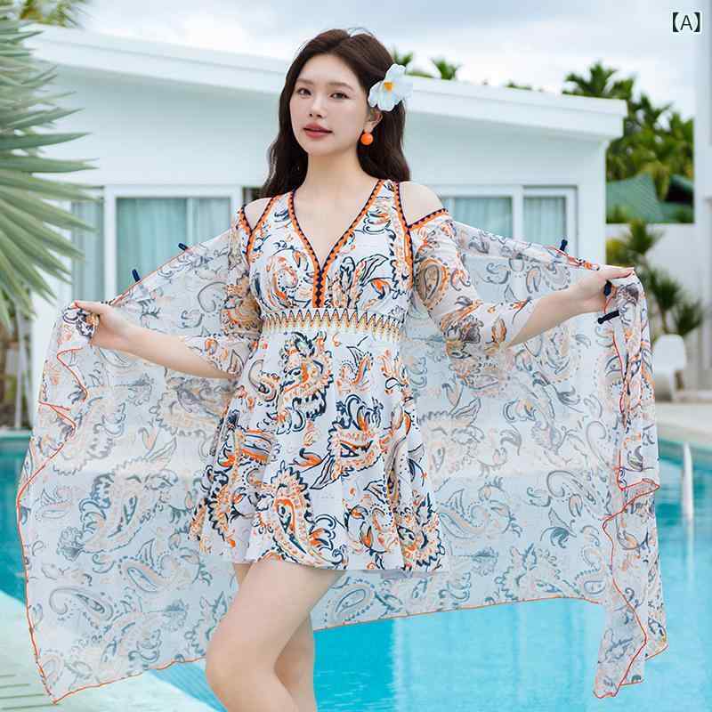 水着 レディース 大きいサイズ プラスサイズ ワンピース スカート 体型カバー スイムウェア 温泉 プール ビーチ リゾート 長袖 カバーアップ パッド入り ノンワイヤー 花柄 細見え ポリエステル 春夏