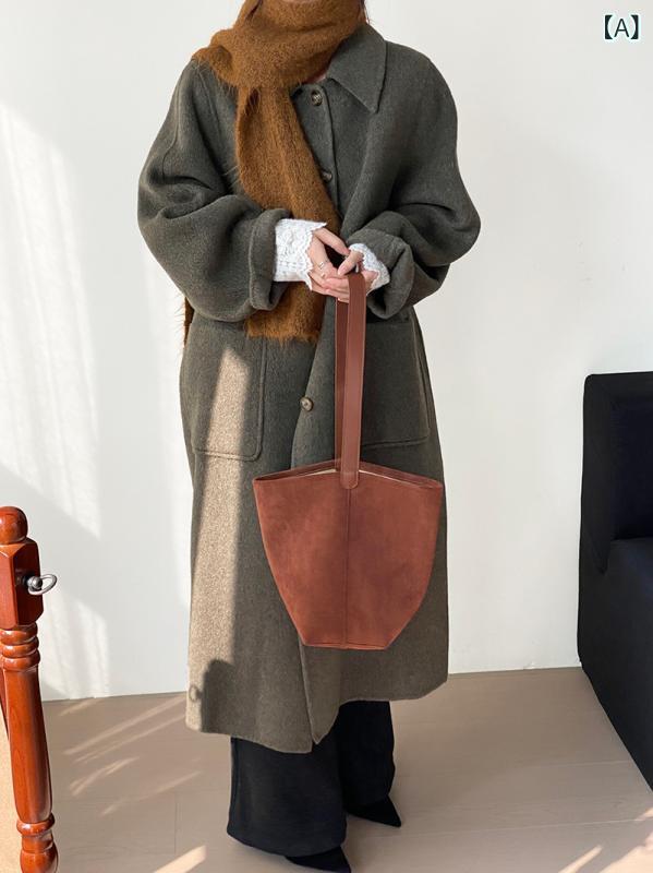 コート レディース ダブルフェイス ウールブレンド ゆったり ルーズフィット マキシ丈 韓国ファッション ランタンスリーブ テーラードカラー シングルボタン 秋...