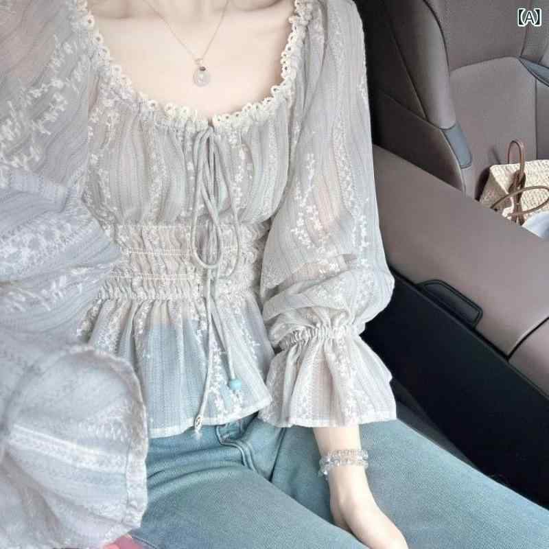 ブラウス レディース 長袖 フレンチ小花柄 シフォン レース使い ウエストマーク デザイン 細見え マカロンカラー ポリエステル スリムフィット ラウンドネック 通勤 オフィス 夏