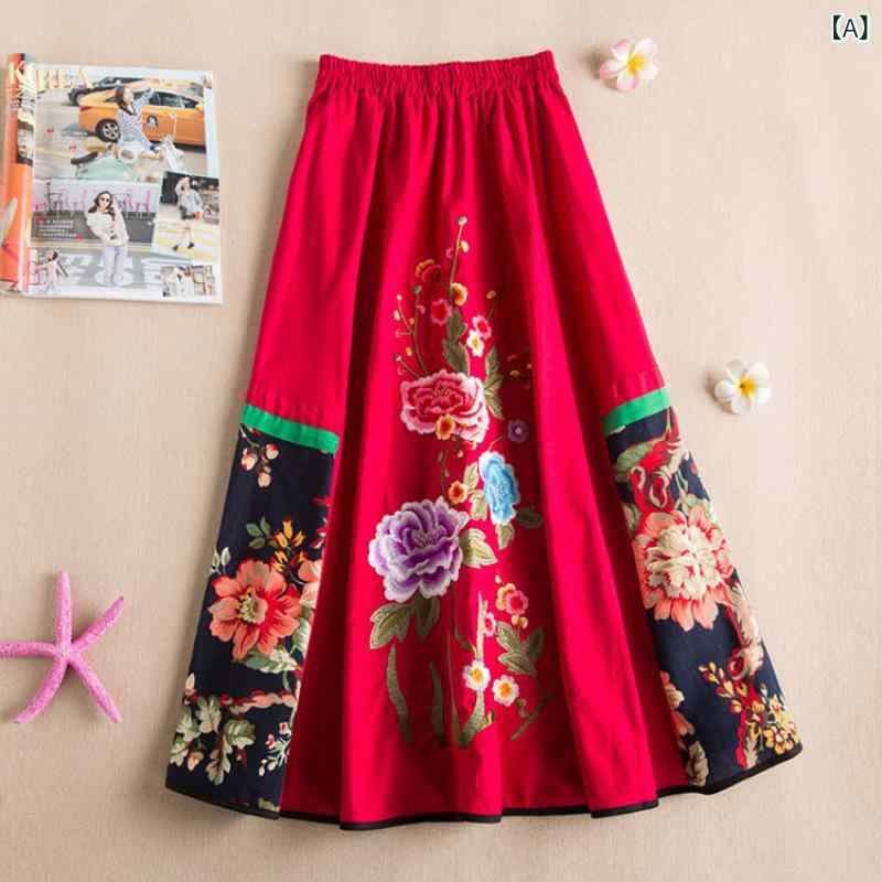 スカート 秋冬 民族風 レトロ 切り替え 刺繡 綿麻 フレア ロング丈 ゆったり 体型カバー ダンス 普段使い マカロンカラー レッド ディープブルー ブラック ストレッチ