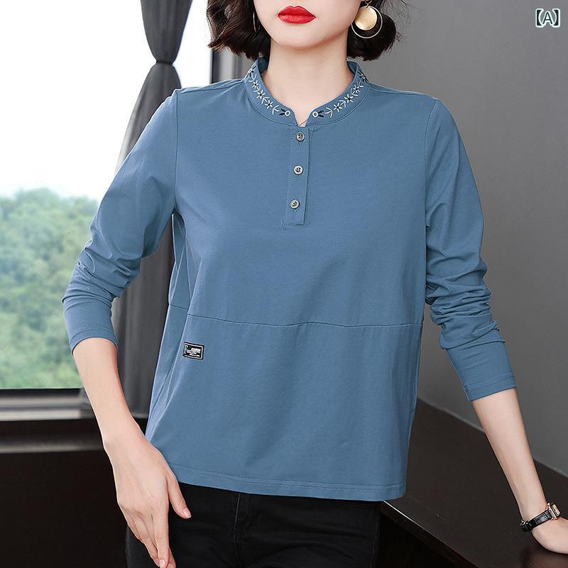 Tシャツ レディース 春秋 スタンドカラー ハイネック 刺繍 切り替え トップス カットソー 綿混 上品 お..