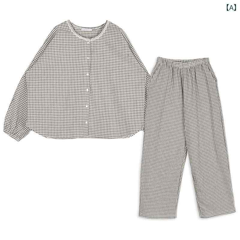 パジャマ レディース 綿100% チェック柄 シャツ 長袖 長ズボン ルームウェア 上下セット ラウンドネック 定番 カジュアル 韓国ファッション 春秋 部屋着 通気性 快適 ワンマイルウェア ブラック アプリコット