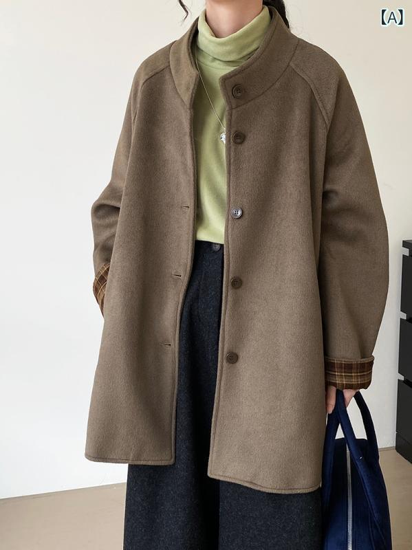 コート レディース 女性用 デザイン性 スタンドカラー 袖口 チェック柄 切り替え ミドル丈 メルトンウール シングルボタン ウエストマーク 秋冬 韓国カジュアル(4)