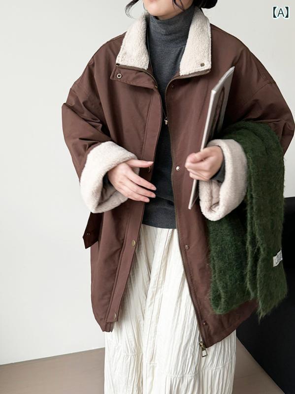 中綿ジャケット レディース 韓国系 ゆったり オーバーサイズ ビッグシルエット リラックス ボア襟 羊毛ボア ミドル丈 厚手 暖かい 防寒 保温 パーカーコート...