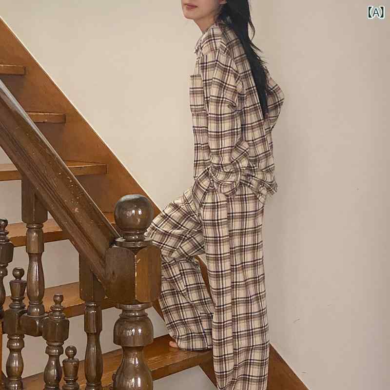 パジャマ レディース クラシック チェック柄 綿100% 春秋 長袖 長ズボン ゆったり リラックス 部屋着 カジュアル ルームウェア 襟付き 通気性 2点セット カーキ 配色