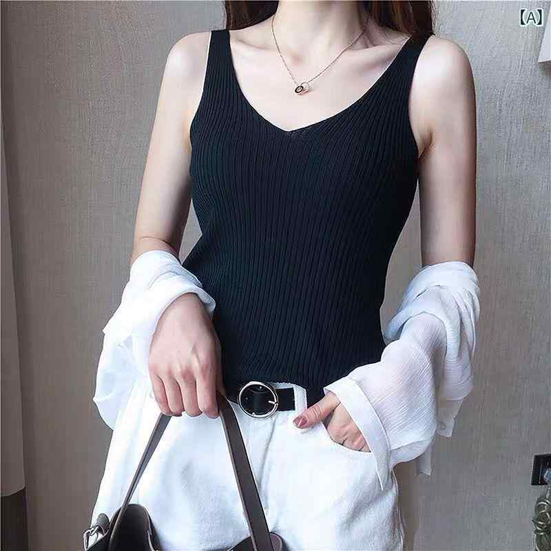 トップス レディース Vネック 接触冷感 レーヨン リブニット キャミソール カットソー ノースリーブ イ..