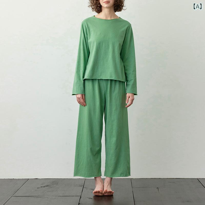 ルームウェア レディース スリーシーズン 欧米風 綿100% 薄手 ニット 長袖 Tシャツ クルーネック ワイドパンツ ロングパンツ カジュアル リラックス パジャマ 部屋着 快適 通気性 ワンマイルウェア 上下セット 2点セット