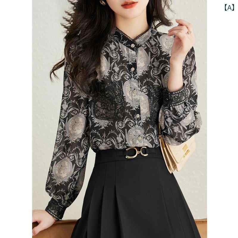 シャツ レディース 春夏 スタンドカラー 小花柄 3D立体模様 長袖 シフォン 切り替え ゆったり 着痩せ 細見え 若見え きれいめ 上品 オフィス 通勤 ブラック ポリエステル ブラウス トップス 韓国風
