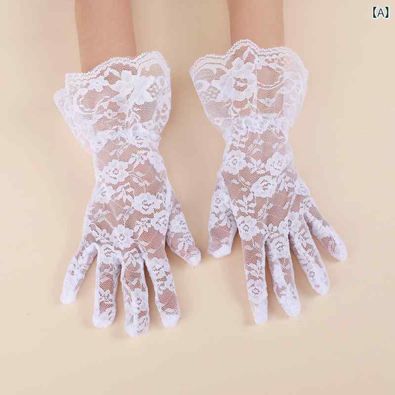 手袋 レディース 春夏 ブライダル 花嫁 エレガント 幅広レース ショート丈 グローブ 白 ホワイト UVカ..
