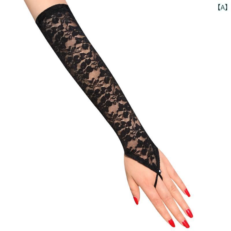 ウェディンググローブ レディース ブライダル フィンガーレス ラインストーン レース ロング丈 手袋 欧米風 エレガント 上品 接触冷感 ナイロン 伸縮性 シアー素材