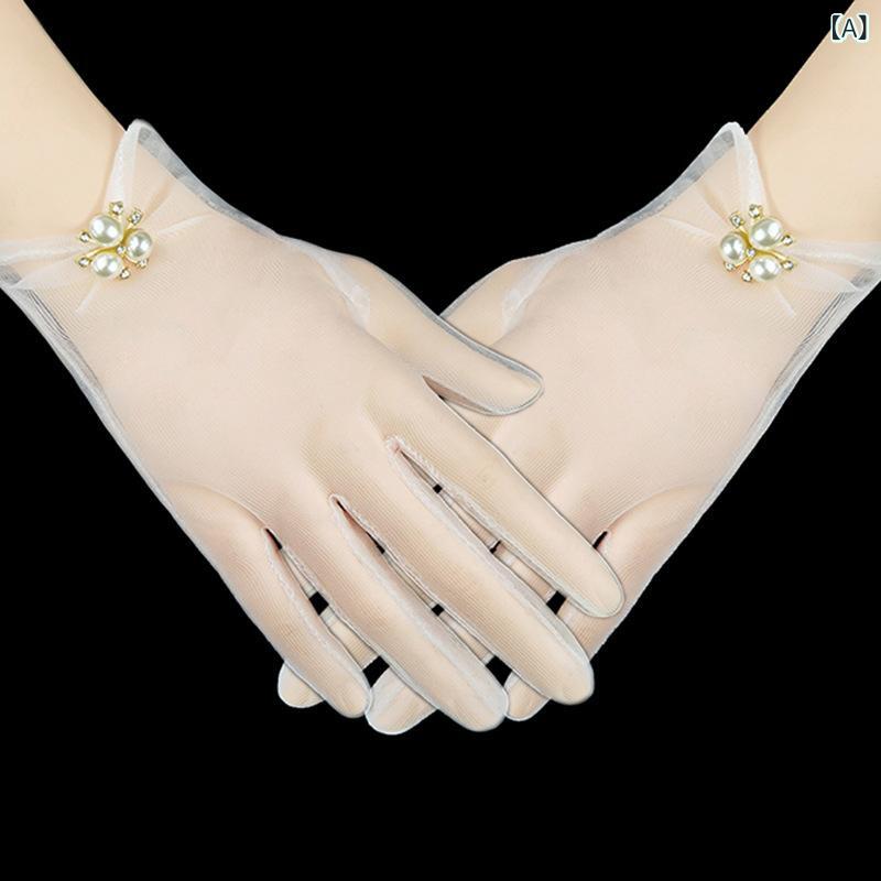ウェディンググローブ レディース 結婚式 花嫁 ショート丈 シースルー メッシュ パール ラインストーン..