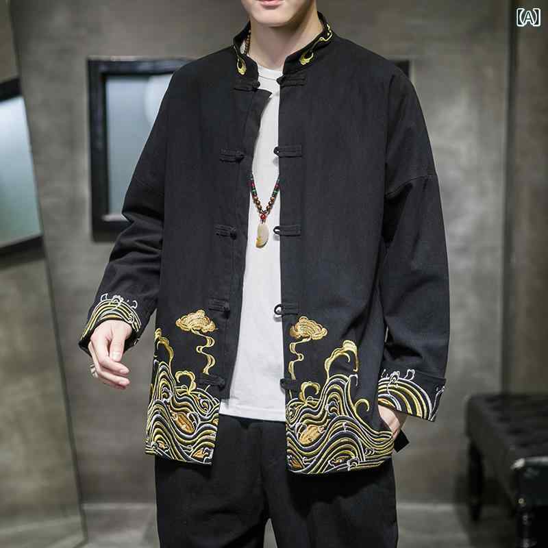ジャケット メンズ 男性用 唐装 漢服 禅衣 茶服 中華風 民族風 古風 レトロ アウター 上着 綿麻 コットン リネン フロッグボタン チャイナボタン 長袖 春秋 ゆったり カジュアル 普段使い