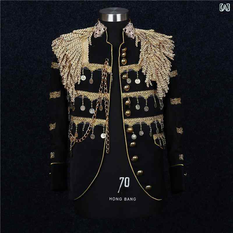 ステージ衣装 男性用 レザー ジャケット ブレザー ロック パンク 個性的 ライブ パフォーマンス ダンス スタンドカラー スリムフィット ブラック ロイヤルブルー アウター