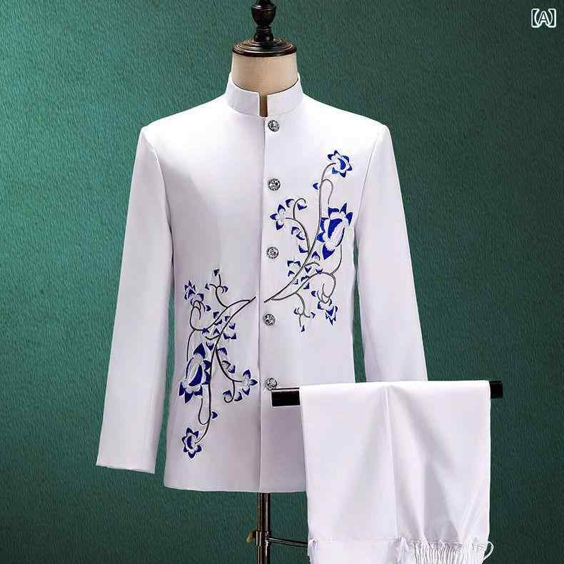 中山服 男性用 メンズ 青花磁器 梅柄 中国風 レトロ 舞台衣装 ステージ衣装 パフォーマンス 発表会 演..