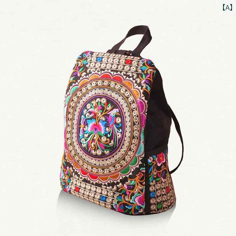 リュック レディース エスニック 民族風 花柄 刺繍 バックパック おしゃれカジュアル キャンバス 帆布 軽量 通気性 旅行 レジャー 普段使い デイパック 収納豊富 ファスナー開閉 鞄(4.0)