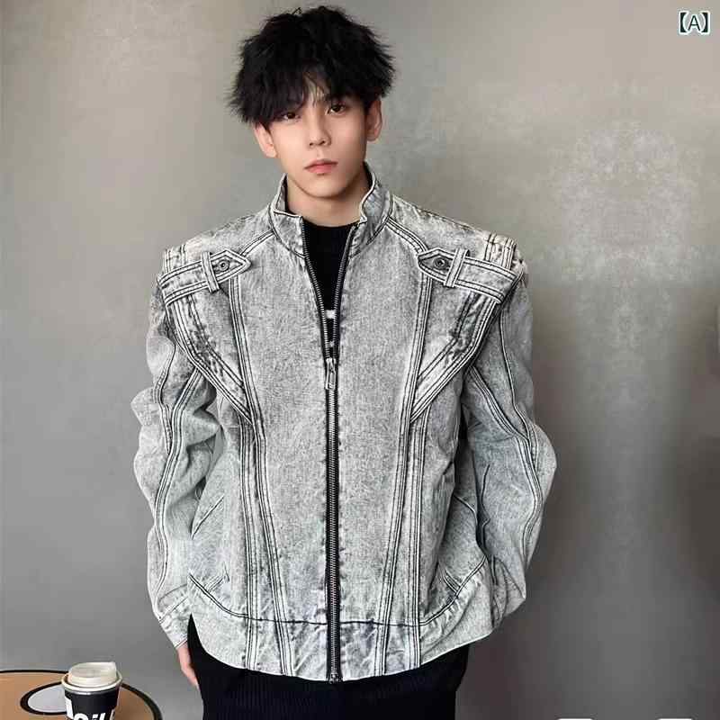 デニムジャケット メンズ 春秋 ウォッシュ加工 性 アメリカン ストリート ルーズフィット オーバーサイズ 無骨 クール カジュアル カップルコーデ ユニセックス 立襟 耐久性 グレー アウター