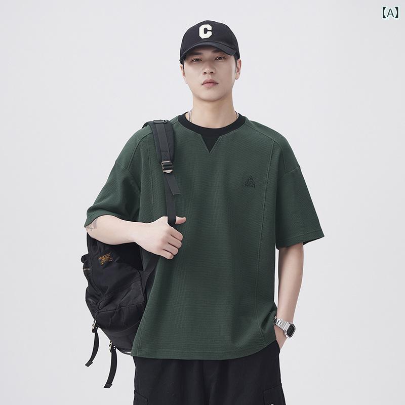 乐天商城 - Tシャツ メンズ アメリカン フェイクレイヤード 切り替え 半袖 240g ヘビーウェイト クルーネック ゆったり ルーズフィット ビッグシルエット 大きいサイズ 綿混 吸湿速乾 普段使い カジュアル 春夏 グリーン ホワイト