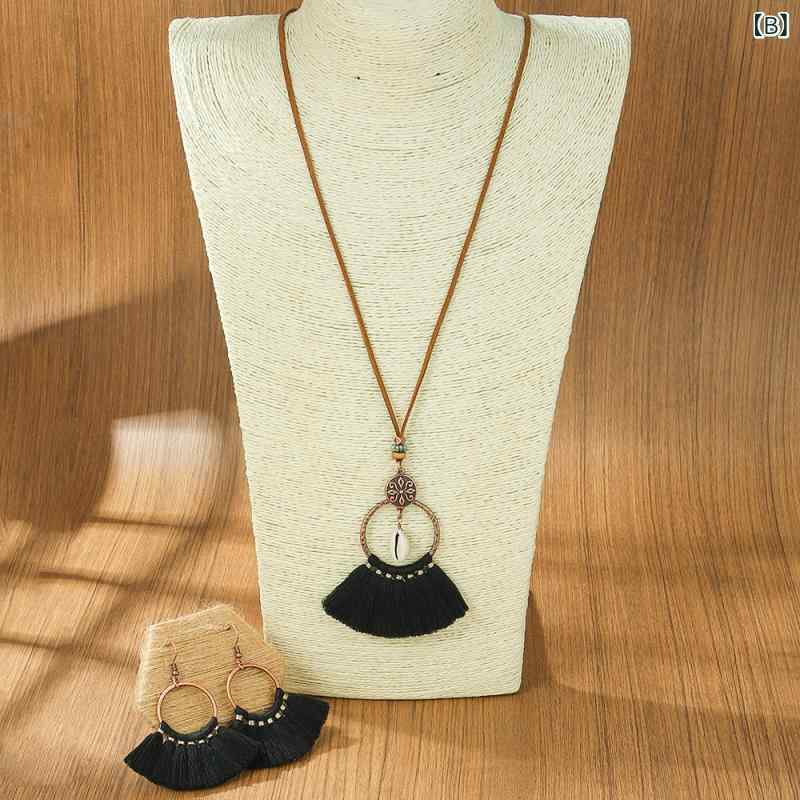 narukiのアクセサリーセット レディース エスニック風 レトロ 手編み フリンジ 貝殻 ネックレス ピアス 2点セット 旅行 リゾート 海洋モチーフ｜アングル2
