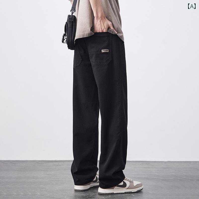 デニムパンツ メンズ ブラック リヨセル混紡 ウォッシュ加工 色落ち防止 アメリカンヴィンテージ アメカジ ルーズフィット ストレート ハイウエスト 微ストレッチ ゆったり カジュアルスタイル 春夏