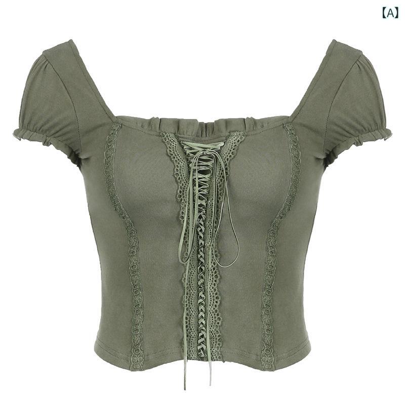 Tシャツ レディース スクエアネック レース リボン 半袖 スリムフィット 着痩せ効果 無地 ミリタリーグ..