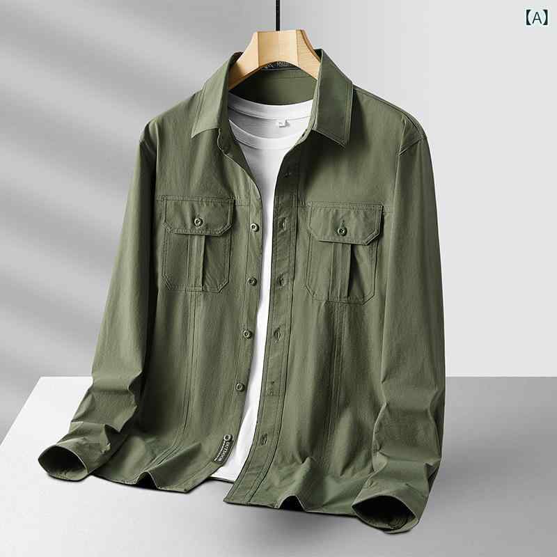 シャツ 男性用 ウォッシュ加工 多ポケット ワーク 耐久性 ビジネスカジュアル 大きいサイズ ゆったり ..