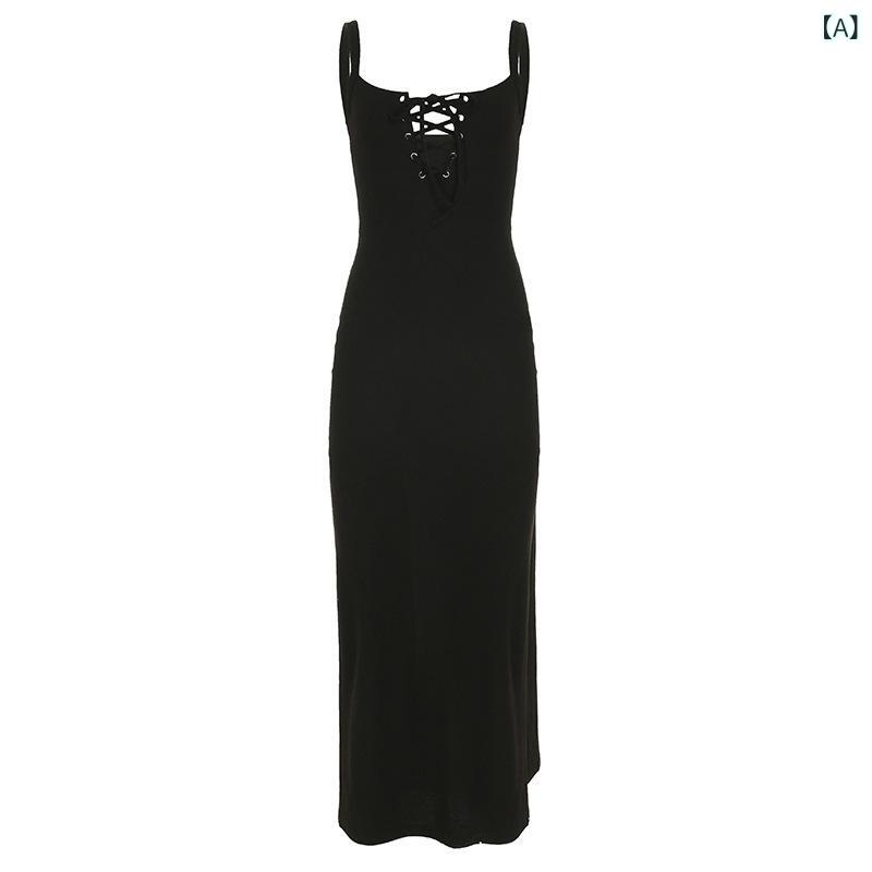 ワンピース レディース 無地 セクシー エレガント 胸元 クロスストラップ カットアウト キャミソール ハイウエストスリット ロング丈 ニット 黒 Uネック スリムフィット タイト スタイルアップ 春夏