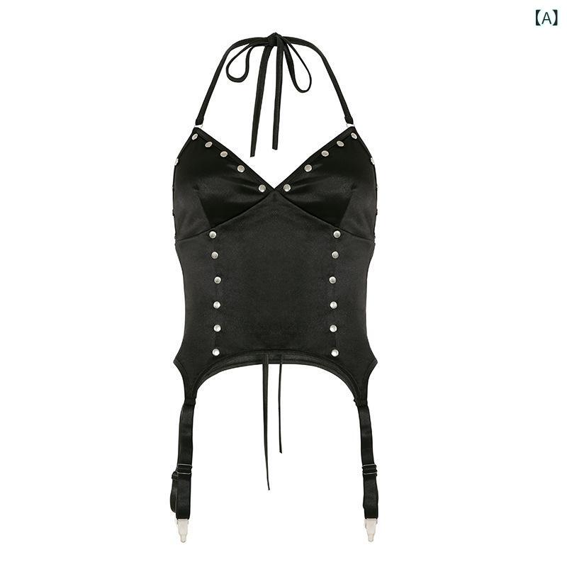 ビスチェ レディース PUレザー ホルターネック Vネック スタッズ アシンメトリーヘム ショート丈 バックレス レースアップ セクシー クール ブラック トップス