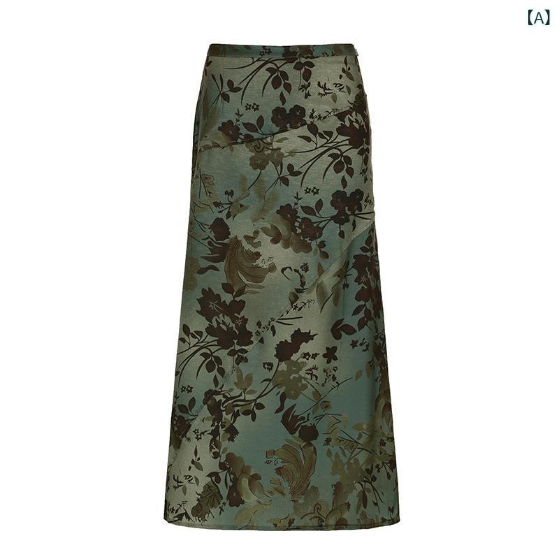 スカート レディース 個性的 デザイン レトロ 森ガール風 ナチュラル ボタニカルプリント 配色 ゆったり Aライン フレア 着痩せ 体型カバー ニット ロング マキシ丈 秋冬 グリーン 普段使い お出かけ