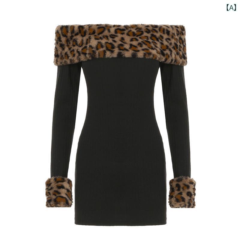 ワンピース オフショルダー フェイクファー ヒョウ柄切り替え 長袖 ニット素材 フレンチエレガント 上..