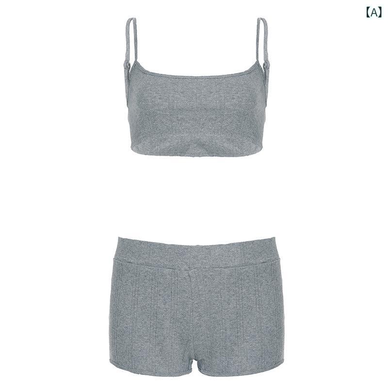 セットアップ レディース キャミソール ショートパンツ ベーシック ヘルシーセクシー 抜け感 クロップド丈 ローライズ ニット レーヨン スパンデックス 普段使い ルームウェア リゾート カジュアル 春夏 サマー グレー