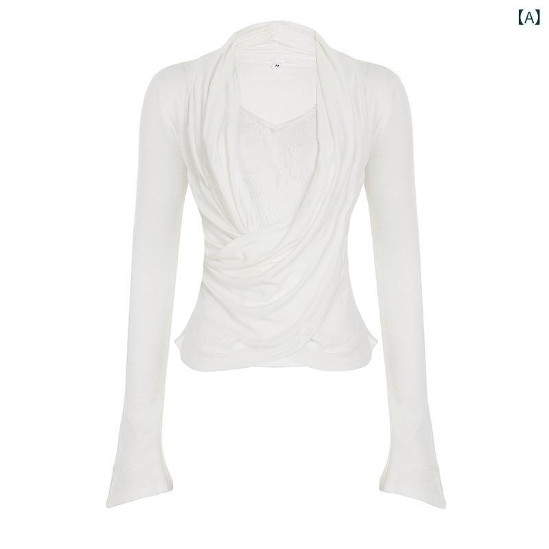 Tシャツ トップス レディース 女性用 純欲系 セクシー レース 切り替え クロス ドレープネック 長袖 スリムフィット 着痩せ スタイルアップ 透け感 ニット ホワイト 無地 春夏 お出かけ デートコーデ 普段使い(4.0)